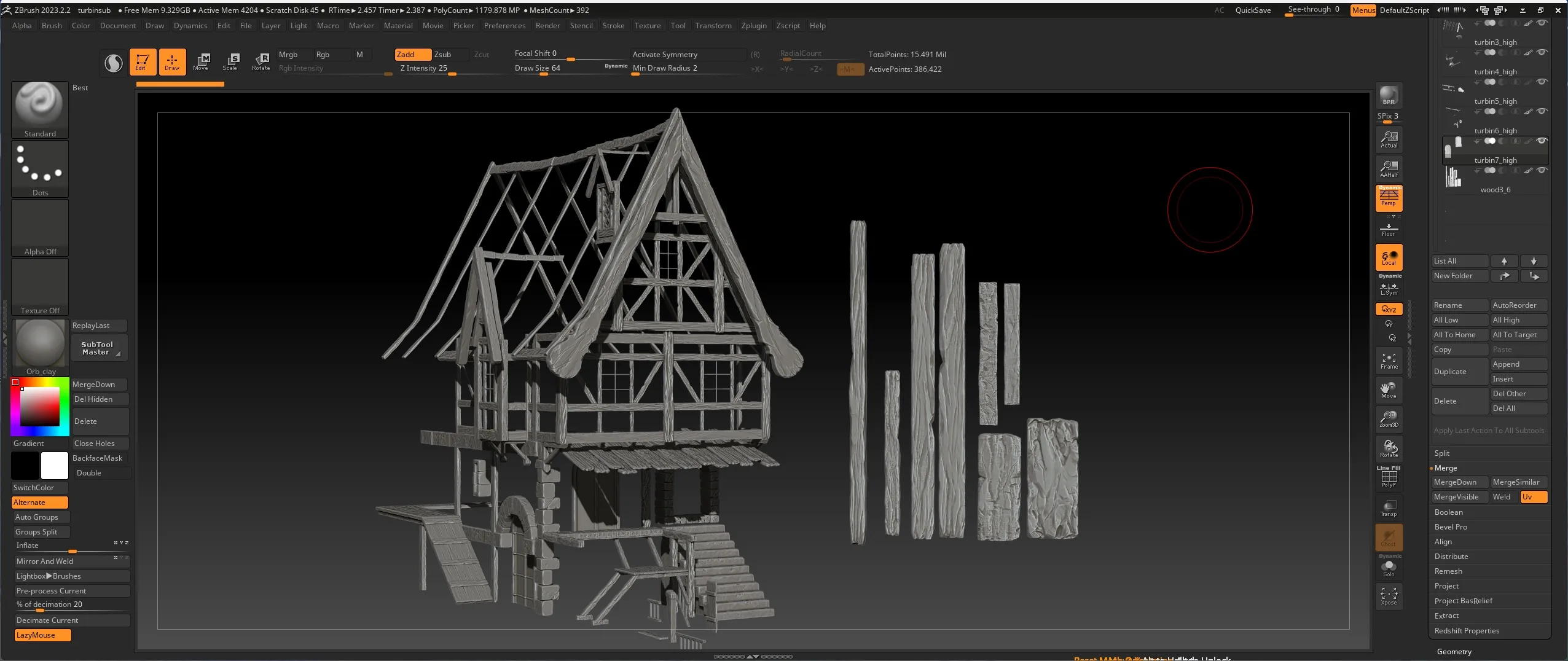 ZBrush 中雕刻的木质房屋高模与可复用木石模块