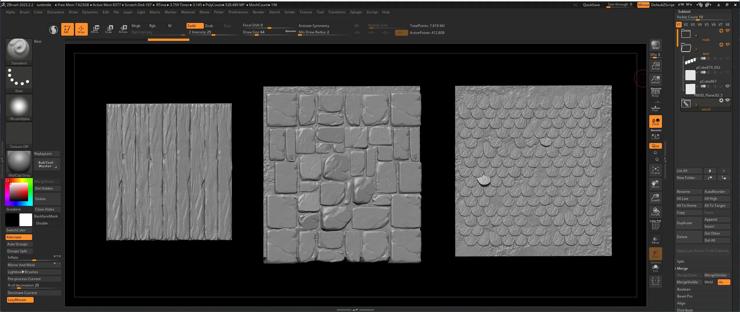 ZBrush 中制作的无缝可平铺纹理：木材、石墙与瓦片