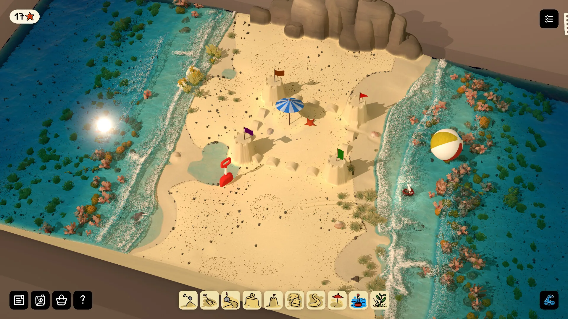 Sandcastle 沙堡建造主界面 《Sandcastle》游戏截图:玩家在热带沙滩上建造沙堡、布置遮阳伞与小船,界面工具栏清晰可见