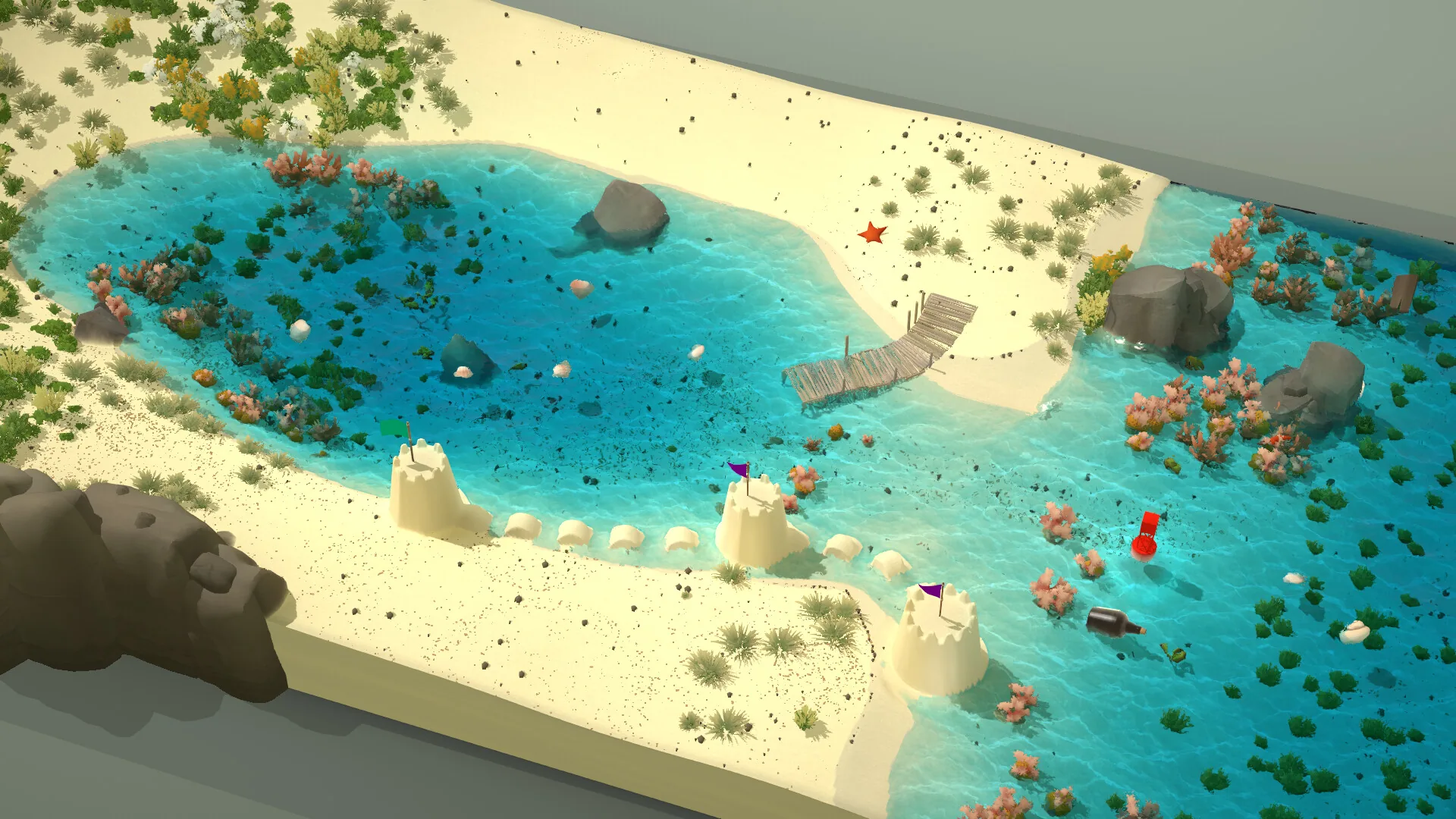 泻湖木桥场景 《Sandcastle》游戏截图:泻湖与小木桥连接沙洲,四周环绕清澈海水与珊瑚