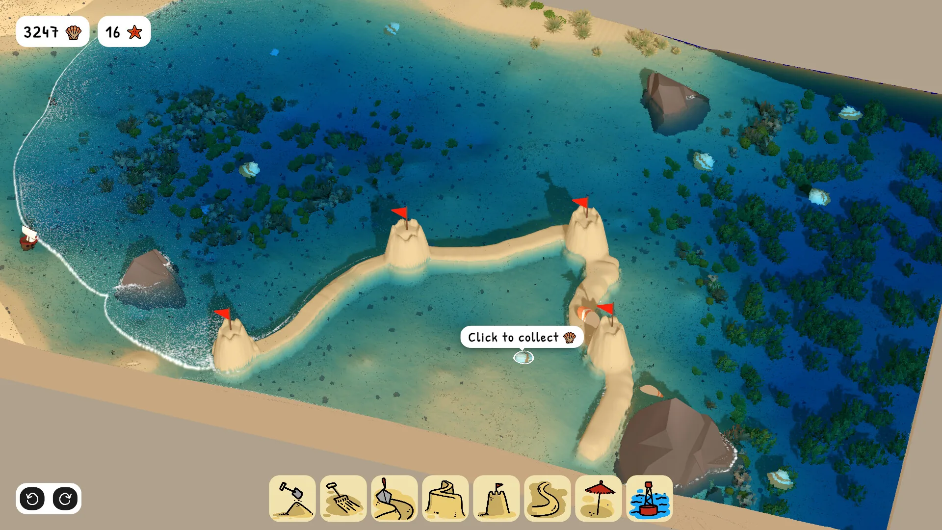 护城河沙堡与收集提示 《Sandcastle》游戏截图:环形沙堡与护城河,界面显示 Click to collect 收集提示