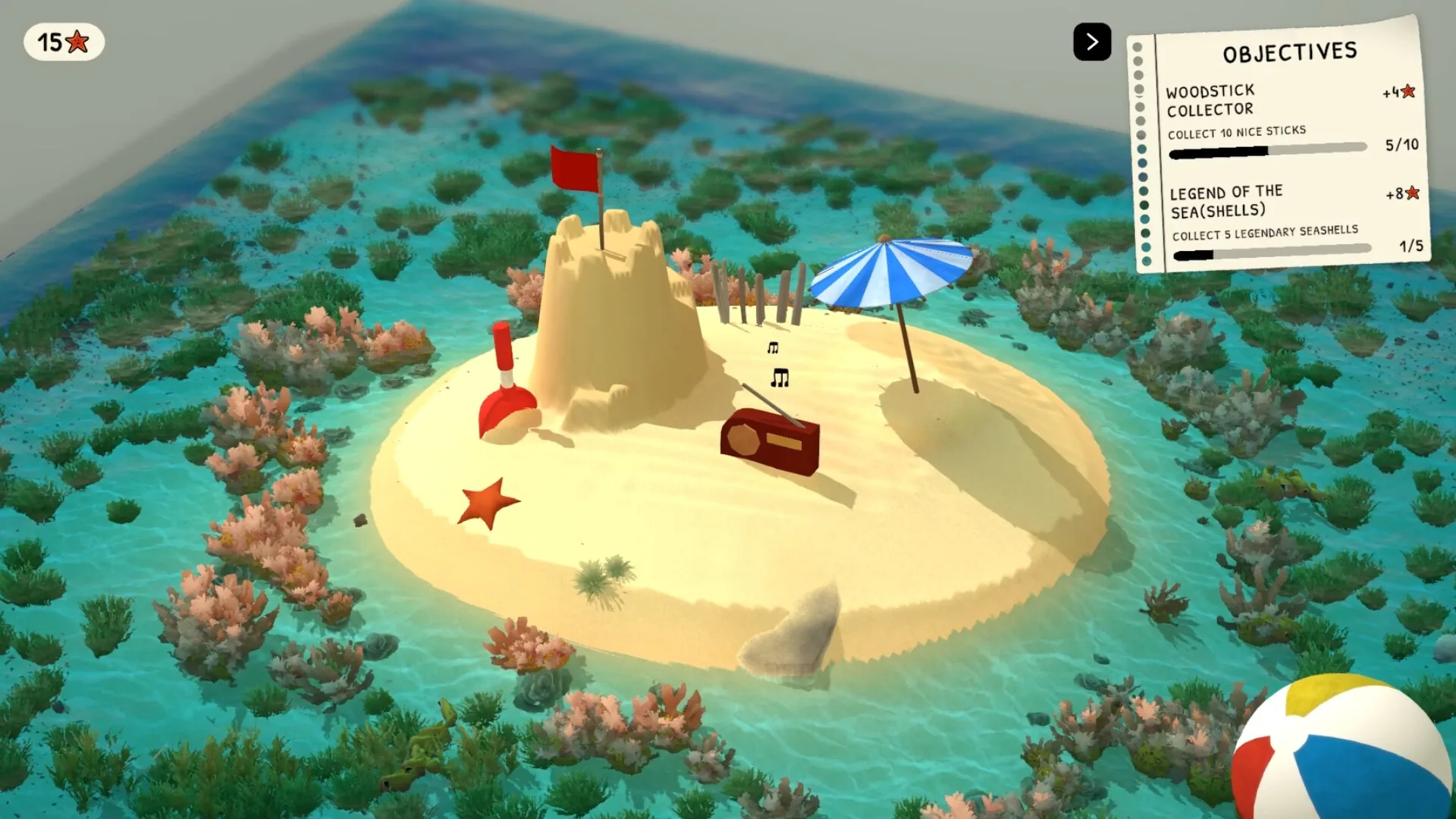 任务目标与隐藏收集物 《Sandcastle》游戏截图:小岛上的沙堡、收音机与遮阳伞,右侧显示收集木材与贝壳的任务目标