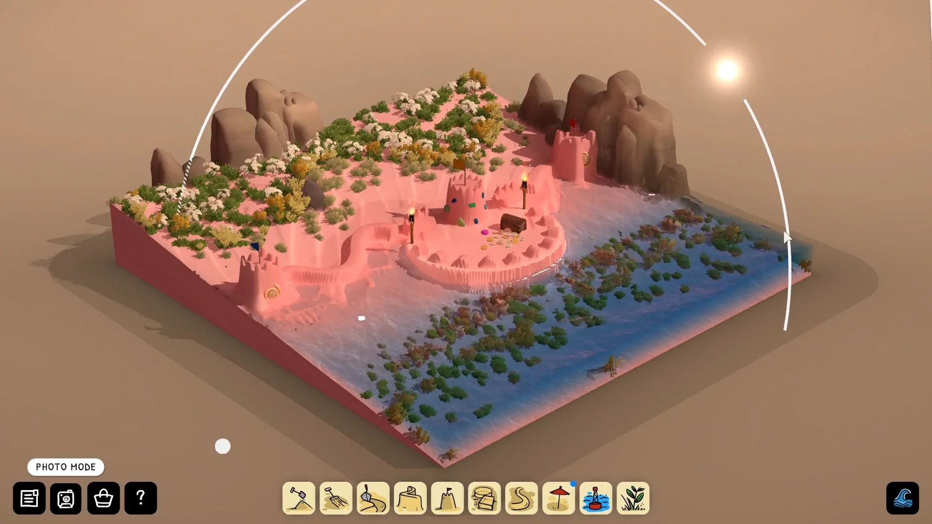 照片模式下的黄昏沙岛 《Sandcastle》照片模式截图:黄昏暖色调热带小岛,沙堡、植被与火把点缀其中