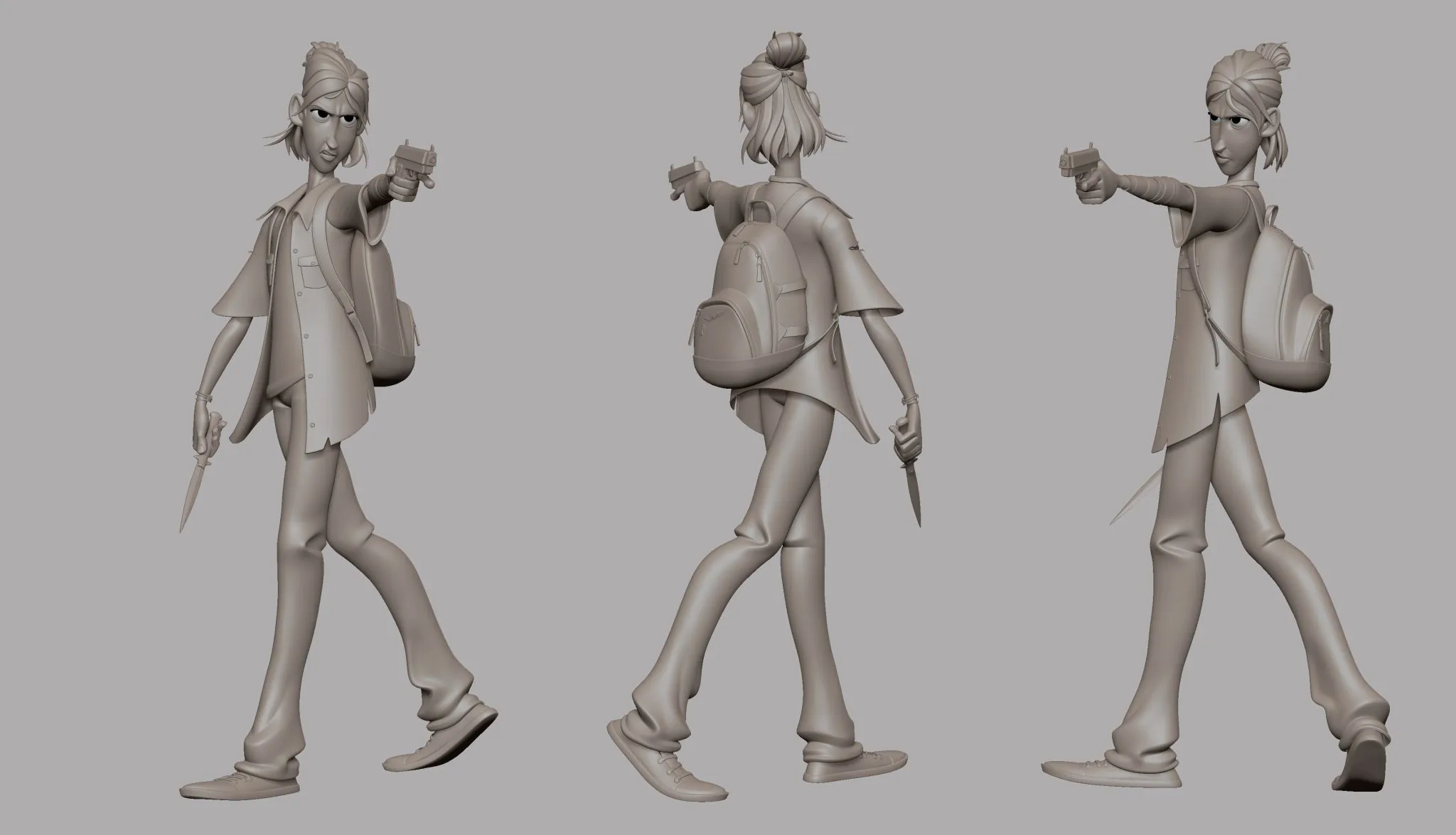 艾莉角色 ZBrush 高模三视图：正面、背面与 3/4 侧面的白模展示
