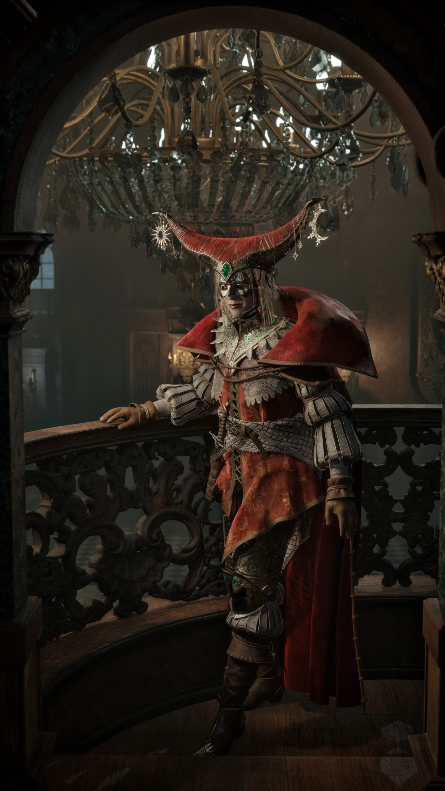 歌剧院场景 Jester 全身渲染 邪恶小丑角色倚靠歌剧院栏杆的全身氛围渲染