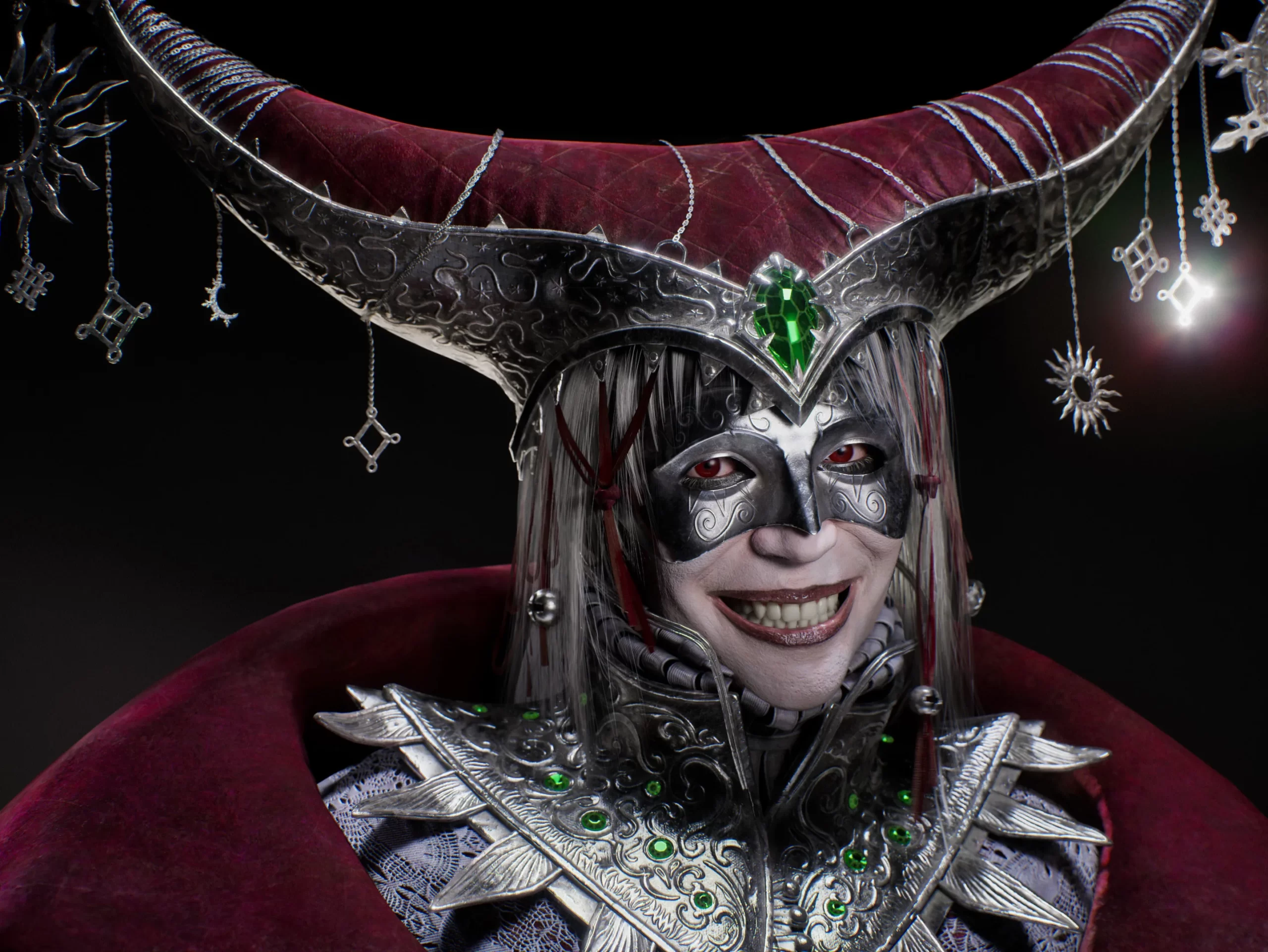 Jester 面部特写 邪恶小丑面部特写展示尖顶帽与面具细节