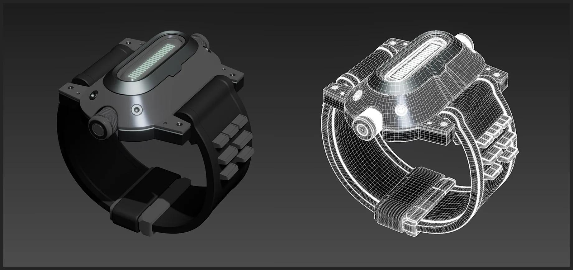 3ds Max 细分建模线框视图 3ds Max 中科幻腕带装置的细分曲面建模与线框视图