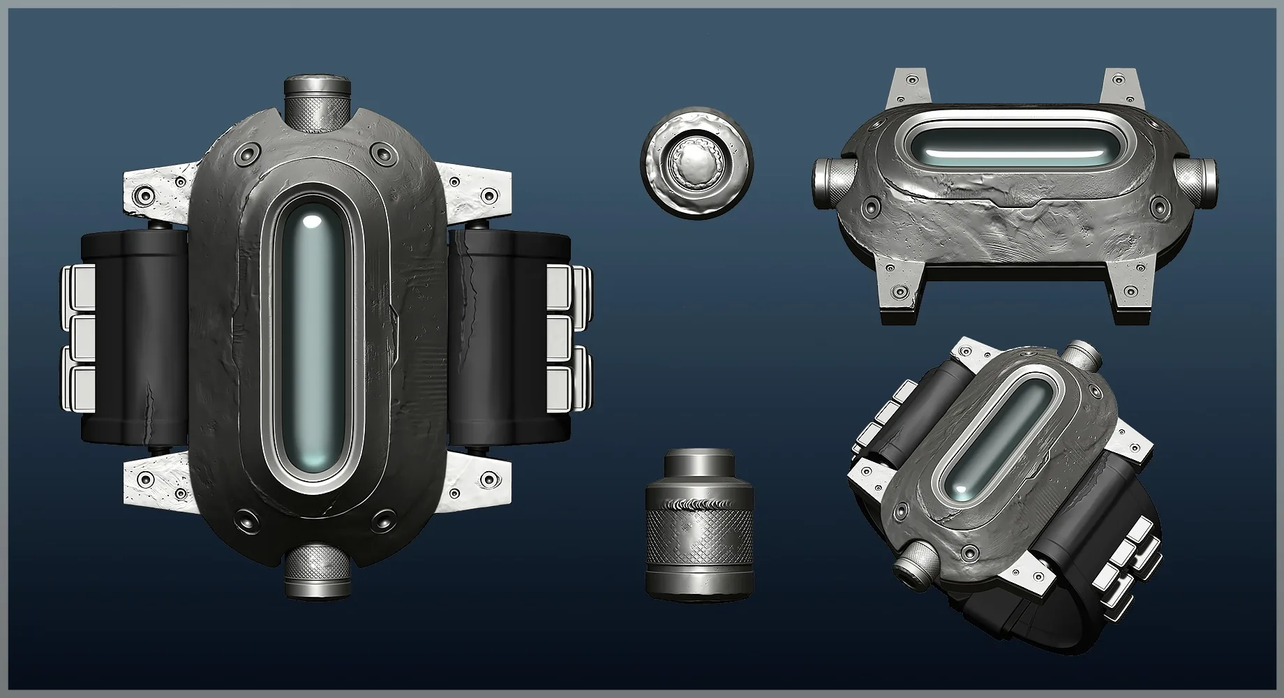ZBrush 高模表面损伤雕刻 ZBrush 高模雕刻的多视图展示,呈现金属表面划痕、凹痕与破损边缘