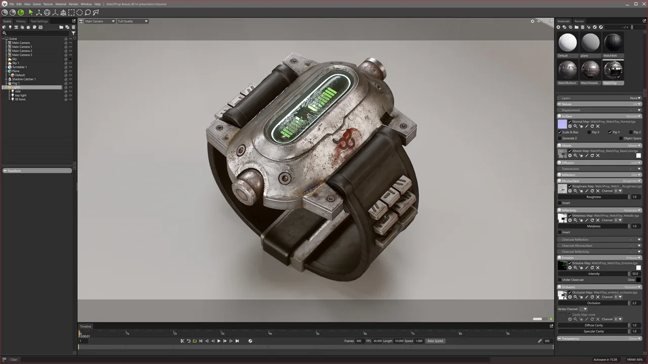 Marmoset Toolbag 渲染视口 Marmoset Toolbag 渲染视口截图,展示科幻腕带材质球与参数面板