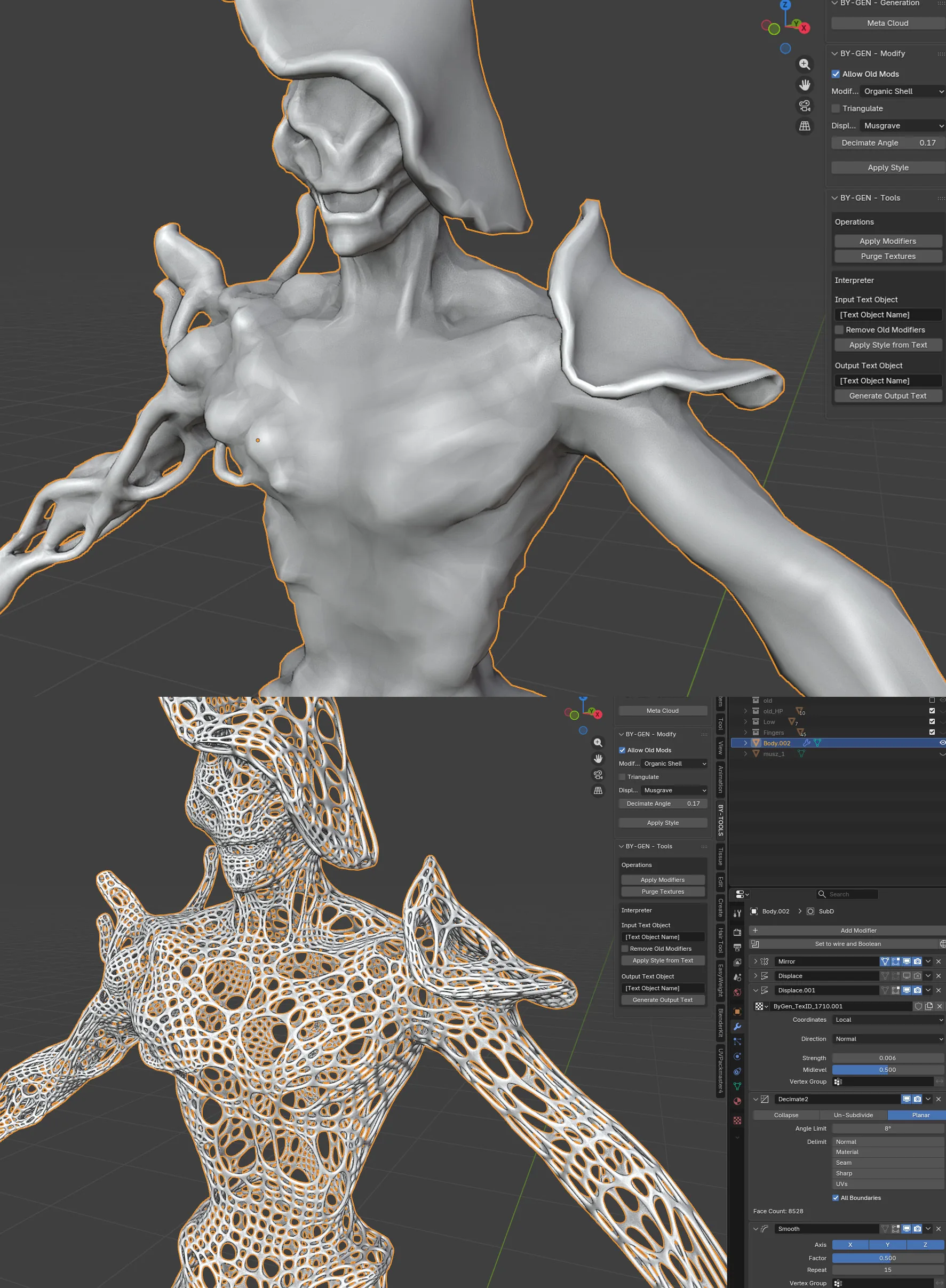 Blender BY-GEN 有机组织细节 使用 Blender BY-GEN 修改器在真菌生物躯干上生成的蜂窝状有机组织结构