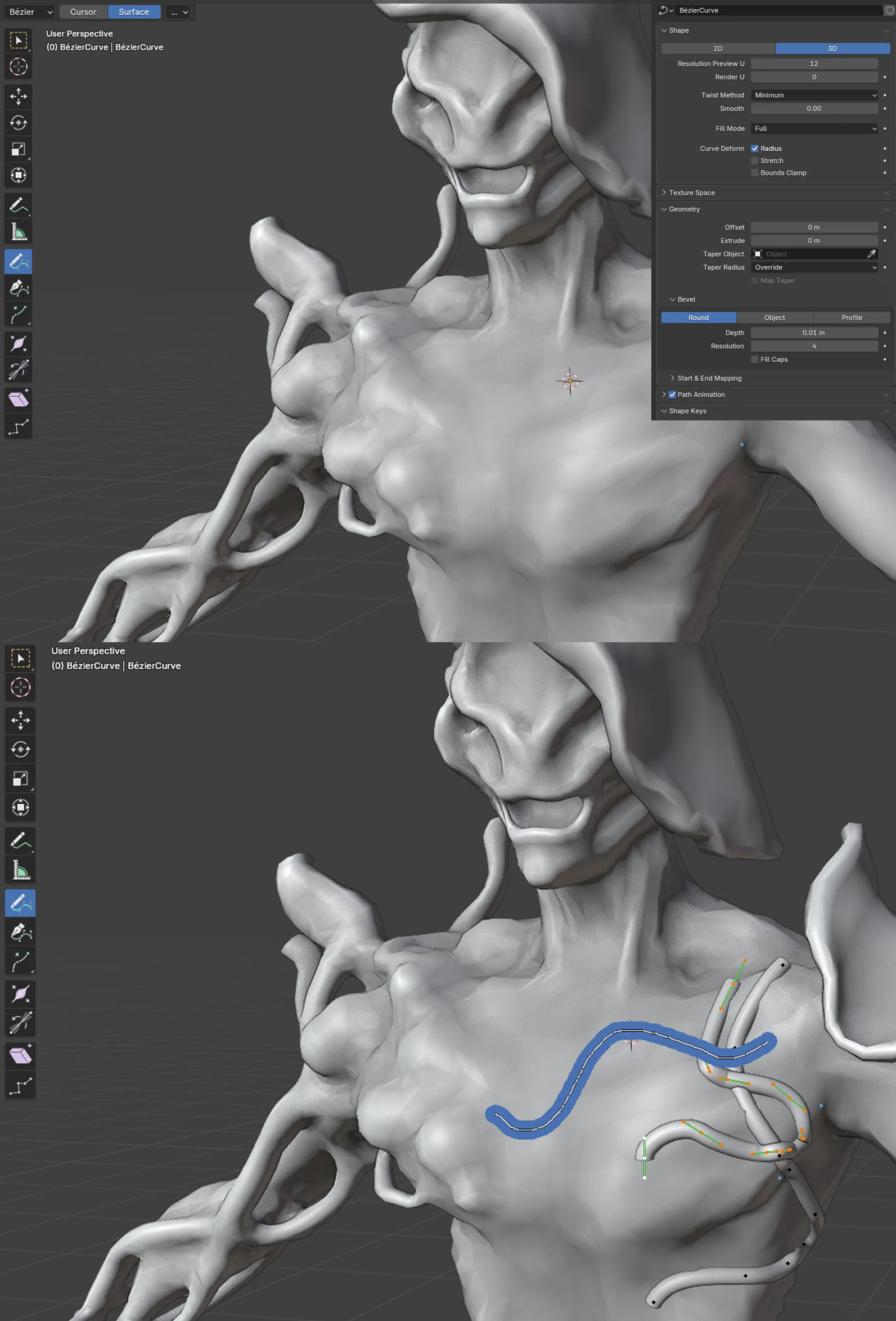 Blender Curve 绘制藤蔓元素 在 Blender 中使用 Curve 对象与 Draw 选项为真菌生物头部和肩部绘制藤蔓与根系