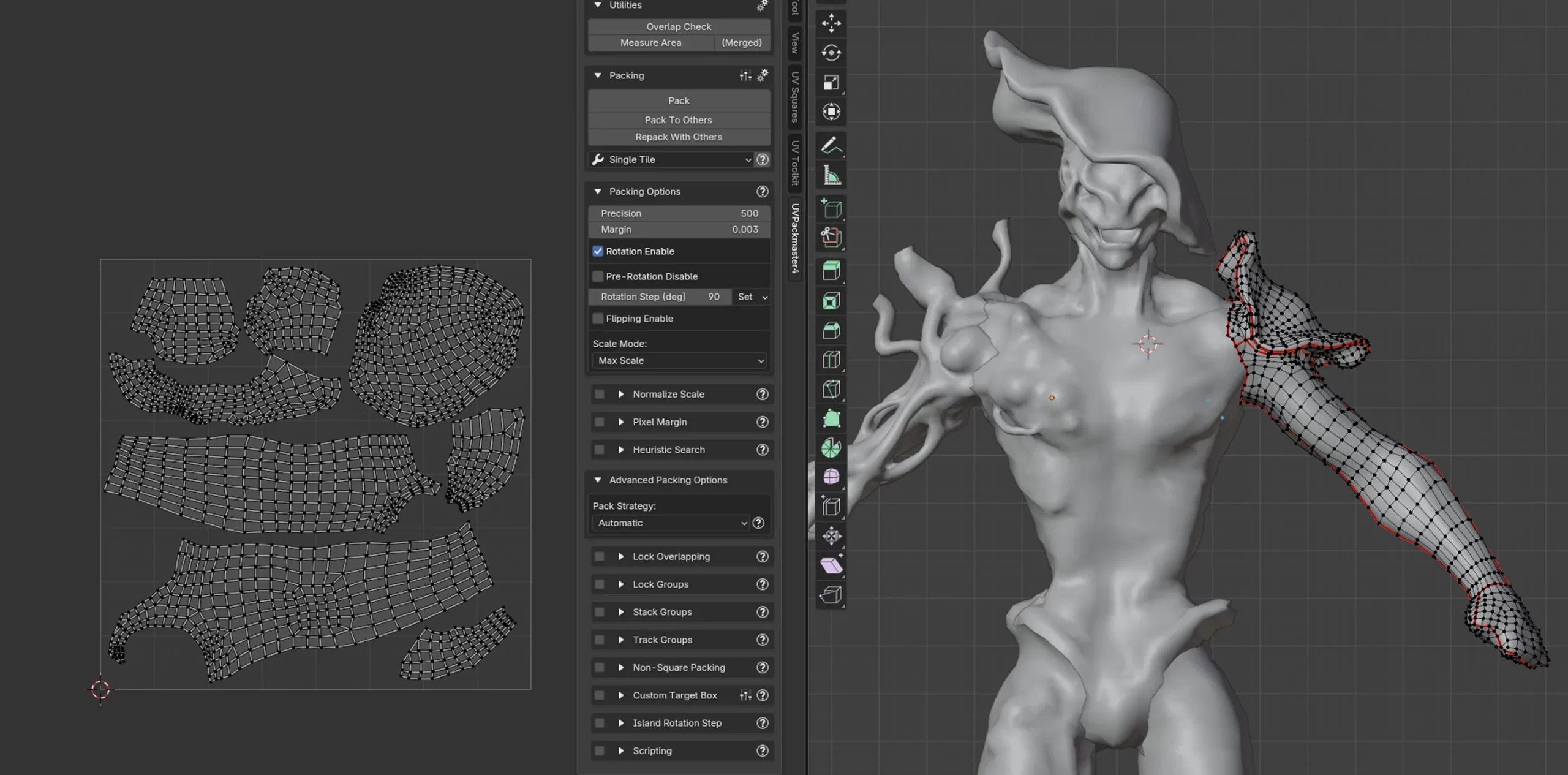 UVPackmaster UV 拆分与排布 使用 UVPackmaster 对真菌生物各部分 UV 岛进行拆分与排布的 Blender 界面
