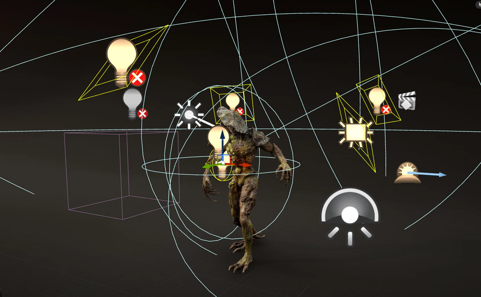 Unreal Engine 5 灯光布置场景 Unreal Engine 5 视口中真菌生物的灯光布置,包括主光、聚光灯与 HDRI 环境光