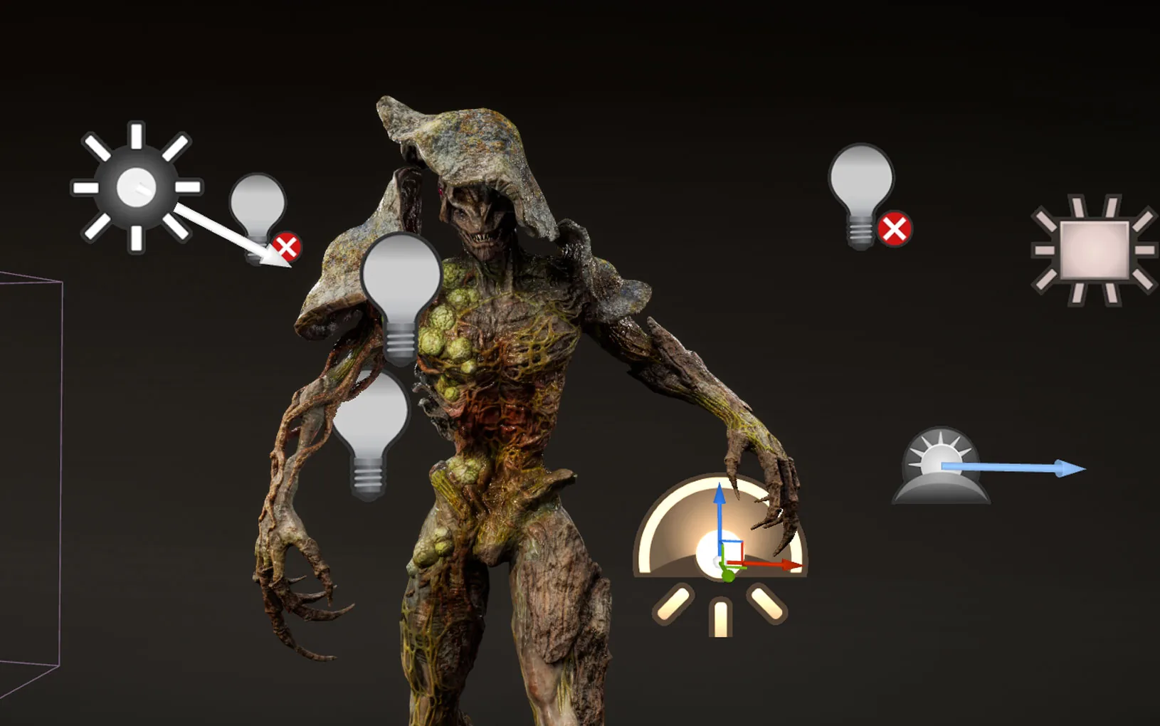真菌生物最终渲染成品 Unreal Engine 5 中最终渲染的真菌生物,树皮、苔藓、蘑菇与血管纹理在灯光下层次分明