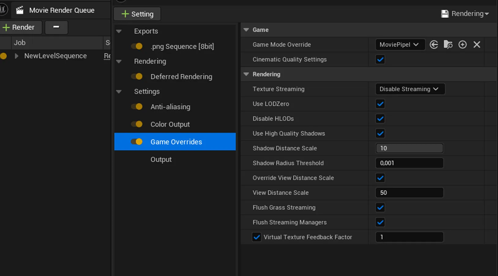 Movie Render Queue 渲染设置 Unreal Engine 5 Movie Render Queue 与 Game Overrides 渲染设置面板