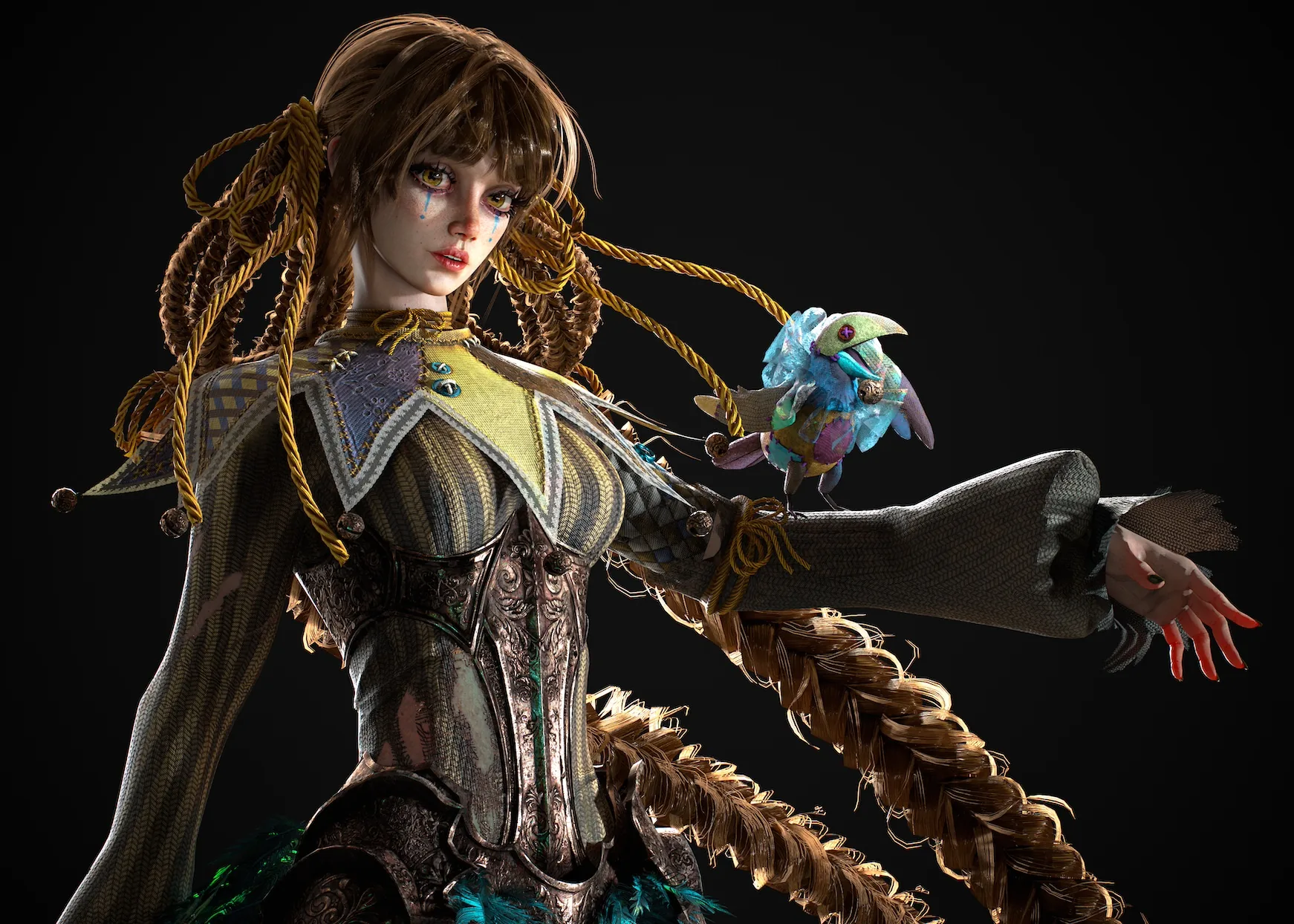 稻草人变少女角色 Harvey 的最终渲染，棕色麻花辫、破旧小丑风服装，肩上停着一只彩色小鸟