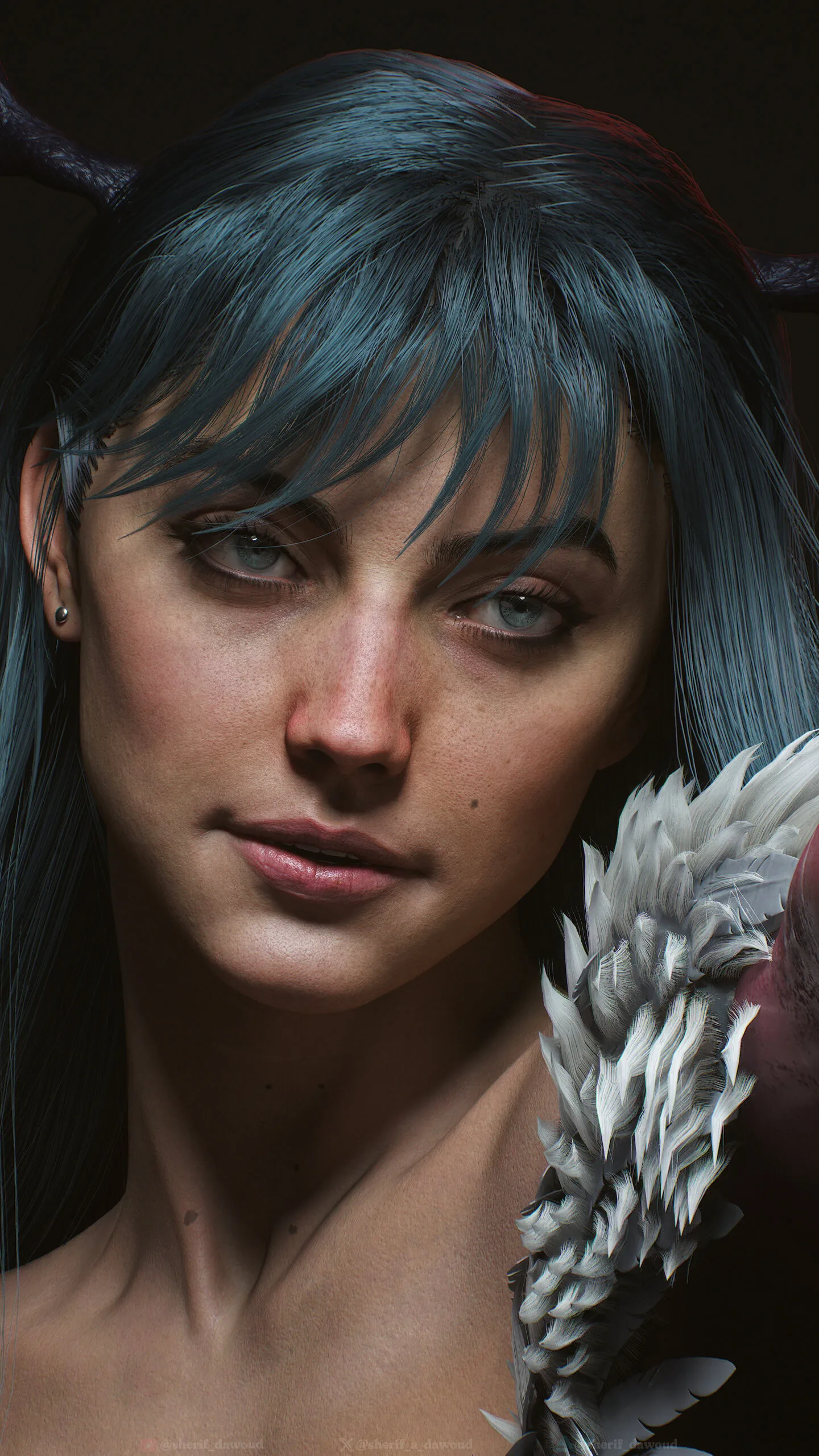 莫莉卡面部特写，皮肤纹理与羽毛领饰细节展现 ZBrush 雕刻精度