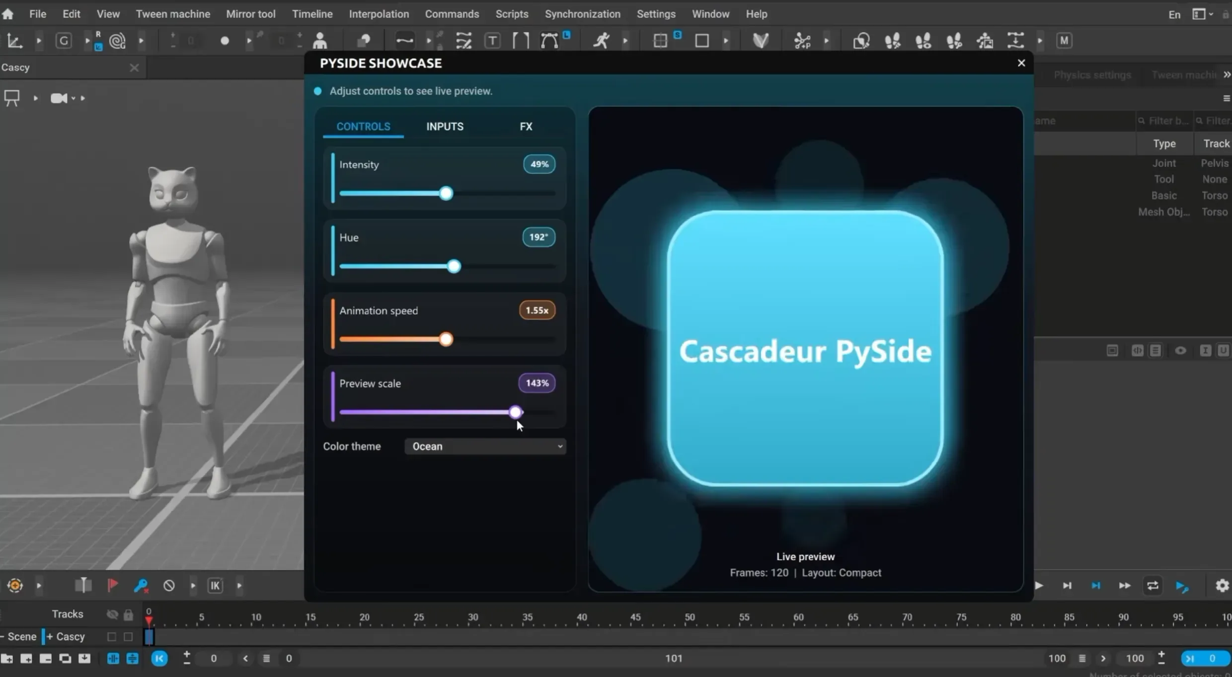 Python API 自定义界面 Cascadeur 2026.2 Python API 自定义界面截图,展示用 PySide/QML 创建的面板