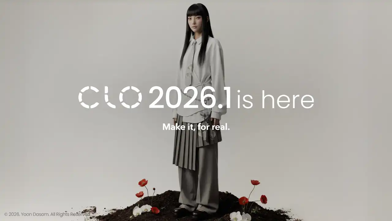 CLO 2026.1 版本主视觉，展示 3D 服装设计软件界面与成衣效果