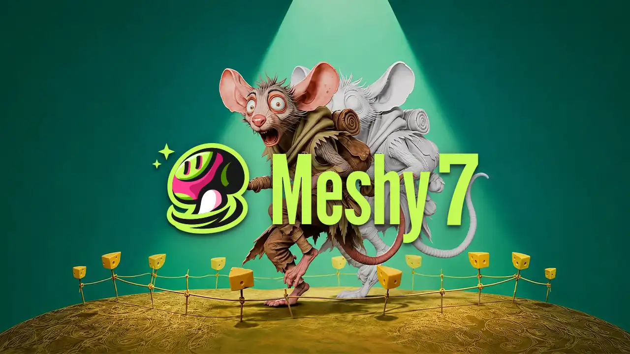 Meshy 7 版本主视觉，展示由图像生成 3D 模型的人工智能工具界面与成片效果