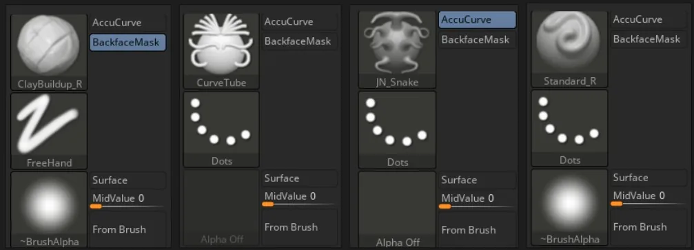 雕刻笔刷设置 ZBrush 雕刻阶段使用的笔刷设置