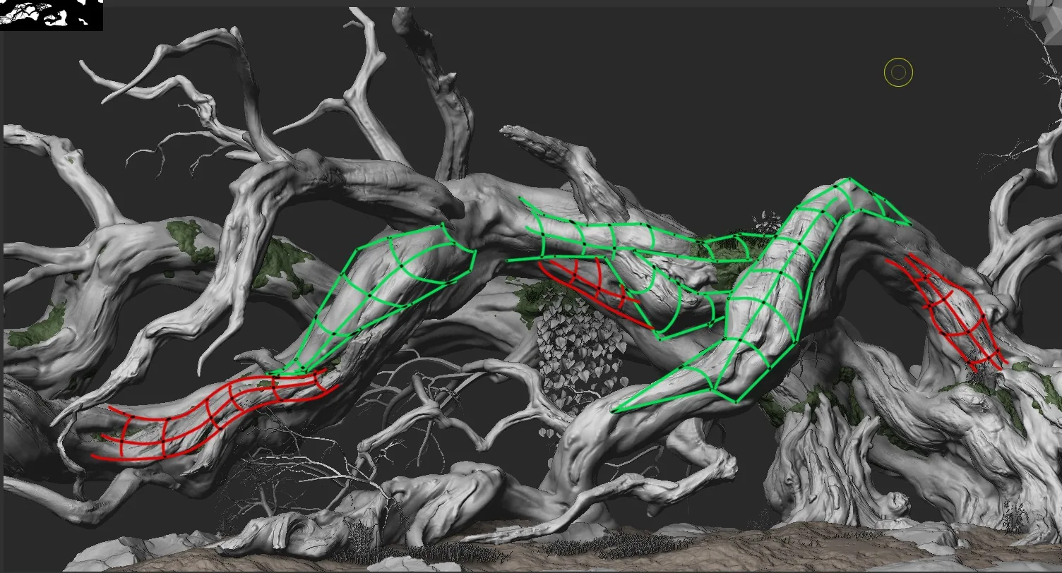 中等结构穿插 绿色与红色区域间的藤蔓穿插效果示意