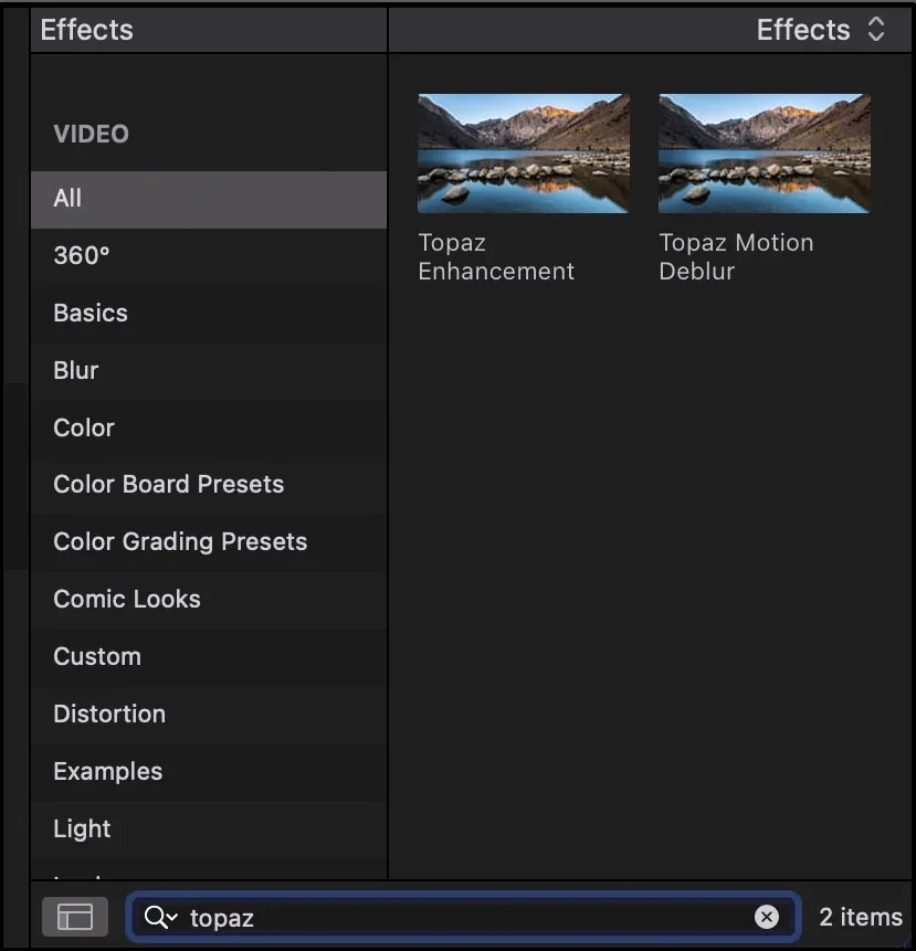 FCP 效果菜单 在 Final Cut Pro 的「效果」菜单中搜索 Topaz 即可找到插件