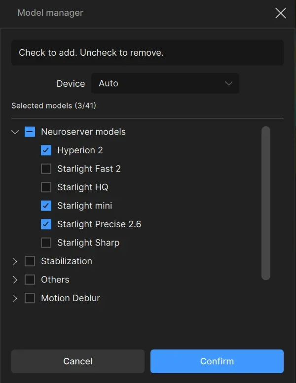 Model Manager Topaz Video Model Manager 界面,可下载/删除 neuroserver 模型