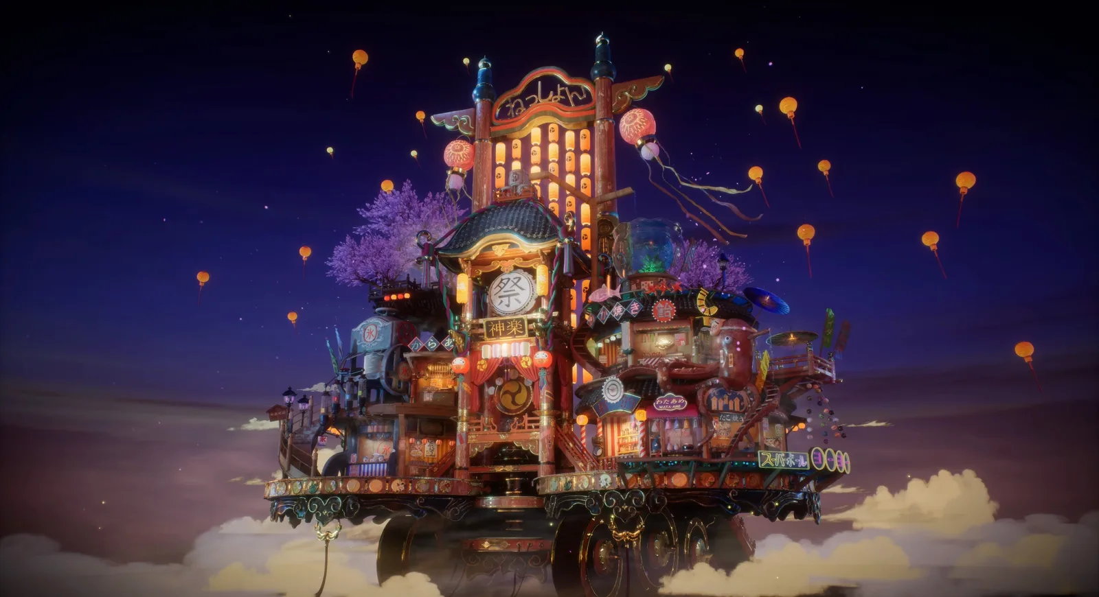 Matsuri 渲染 Matsuri 项目最终渲染:夜晚灯火通明的日式祭典花车场景