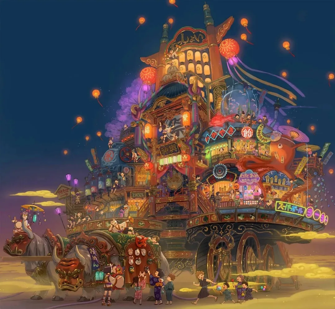 原始 2D 概念图:Yuuri 创作的祭典花车 Yuuri 创作的《Mysterious Scenes from a Dark Fantasy World》画集中祭典花车的 2D 概念图