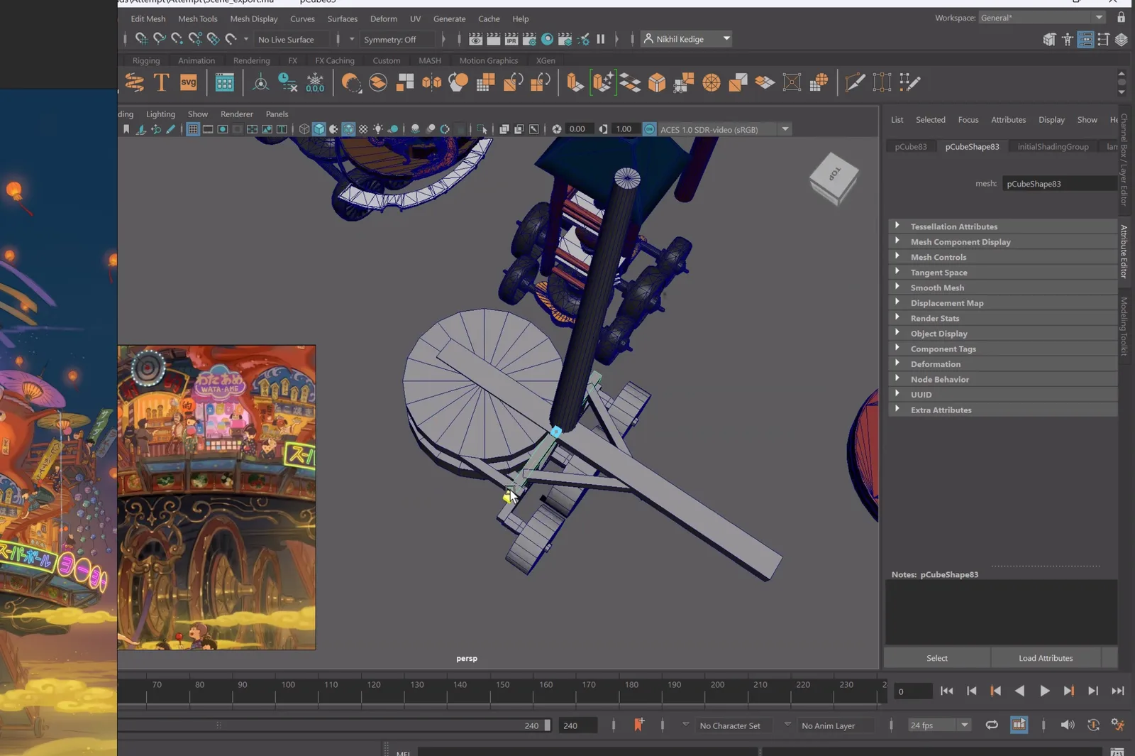 在 Maya 中搭建花车主体结构 Maya 视口中搭建的祭典花车 3D 结构与参考图