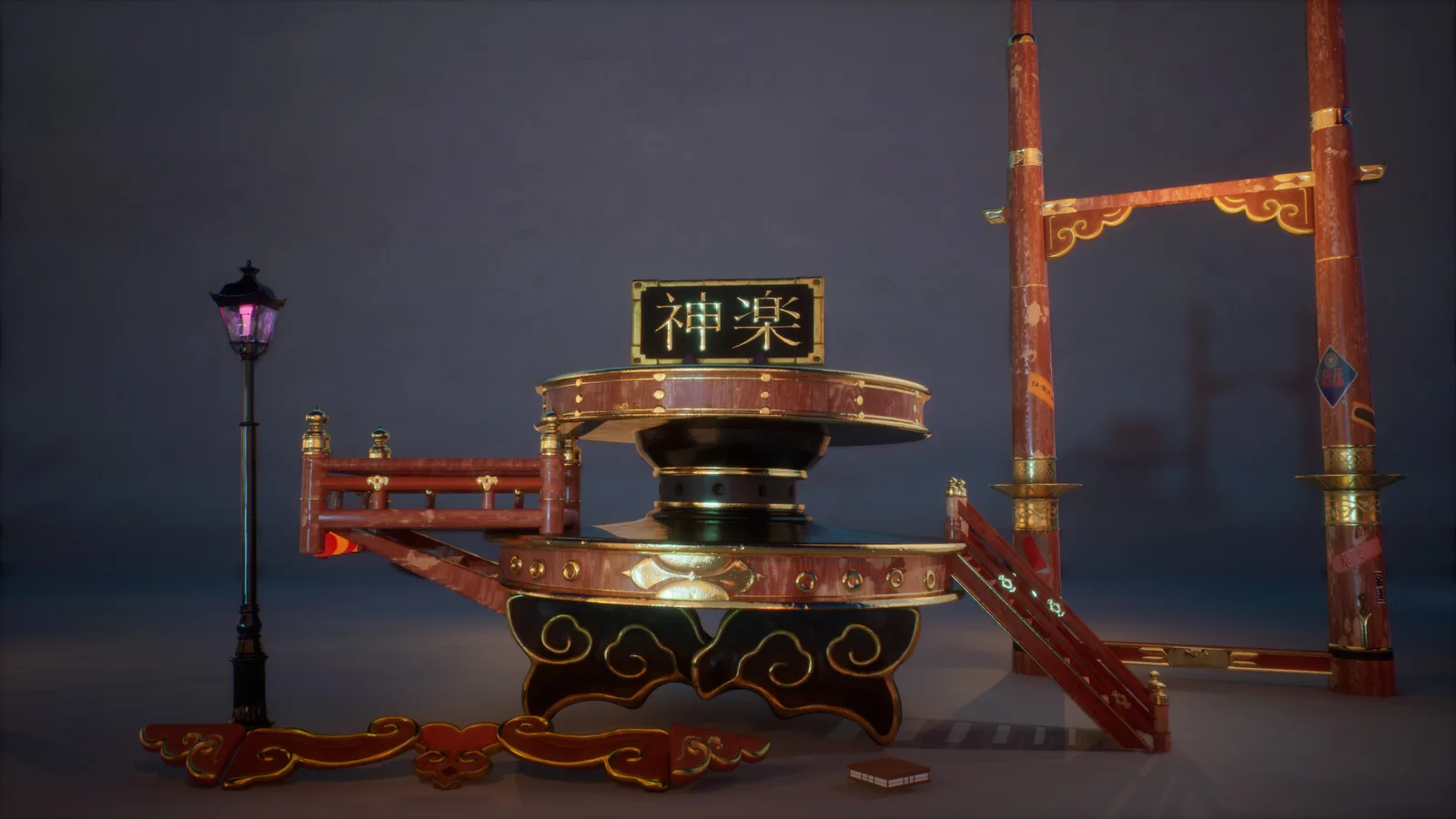 从 2D 概念到鲜艳生动的 3D 祭典环境:Matsuri 环境艺术全流程解析-次世代模型库 Matsuri 场景中的神楽招牌、街灯与木质门架构件展示
