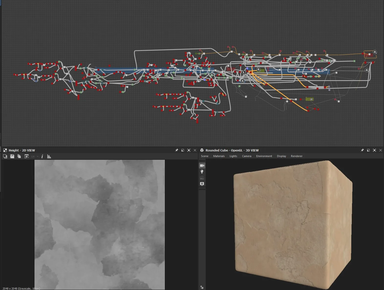 Substance 3D Designer 中灰泥材质的节点网络与预览