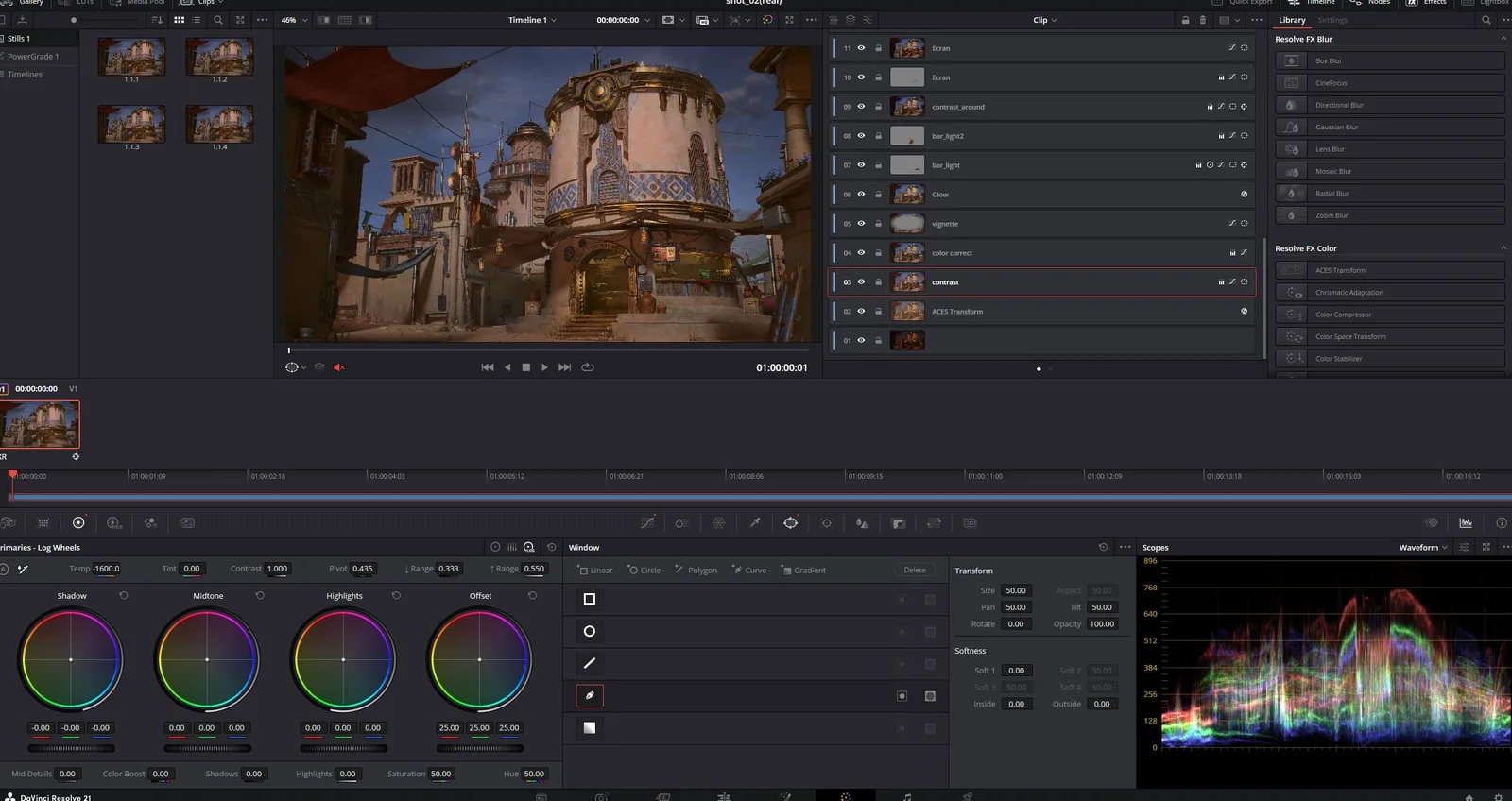 DaVinci Resolve 中的调色与后期处理界面
