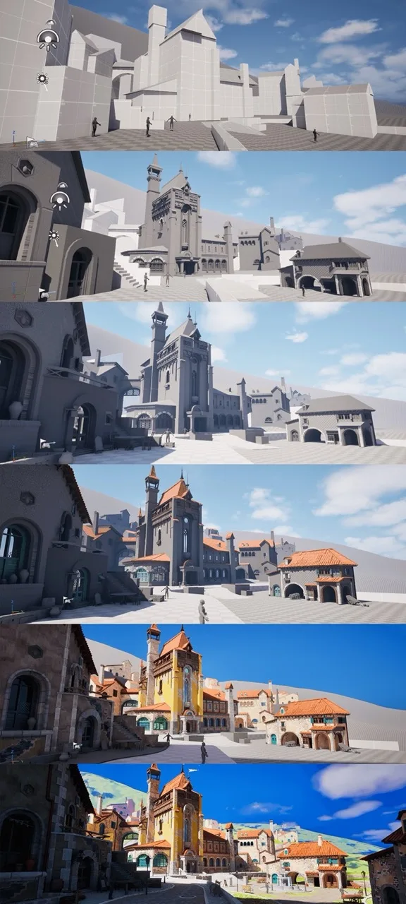 项目参考情绪板与 Unreal Engine 中体块搭建的早期截图