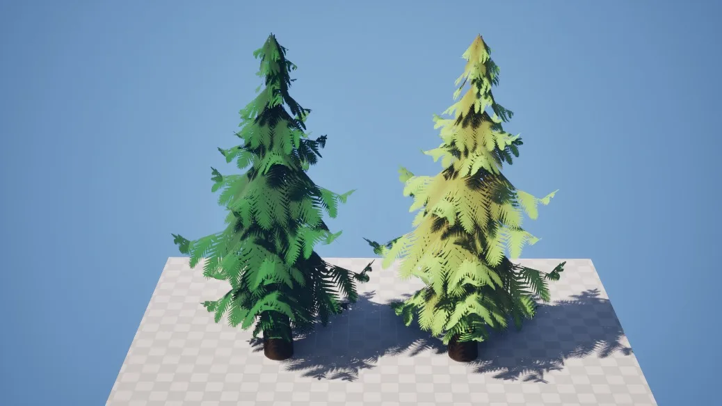 Unreal Engine 场景中两棵风格化松树的最终效果