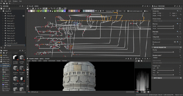 Substance 3D Designer 中 trim sheet 的节点网络与 3D 预览
