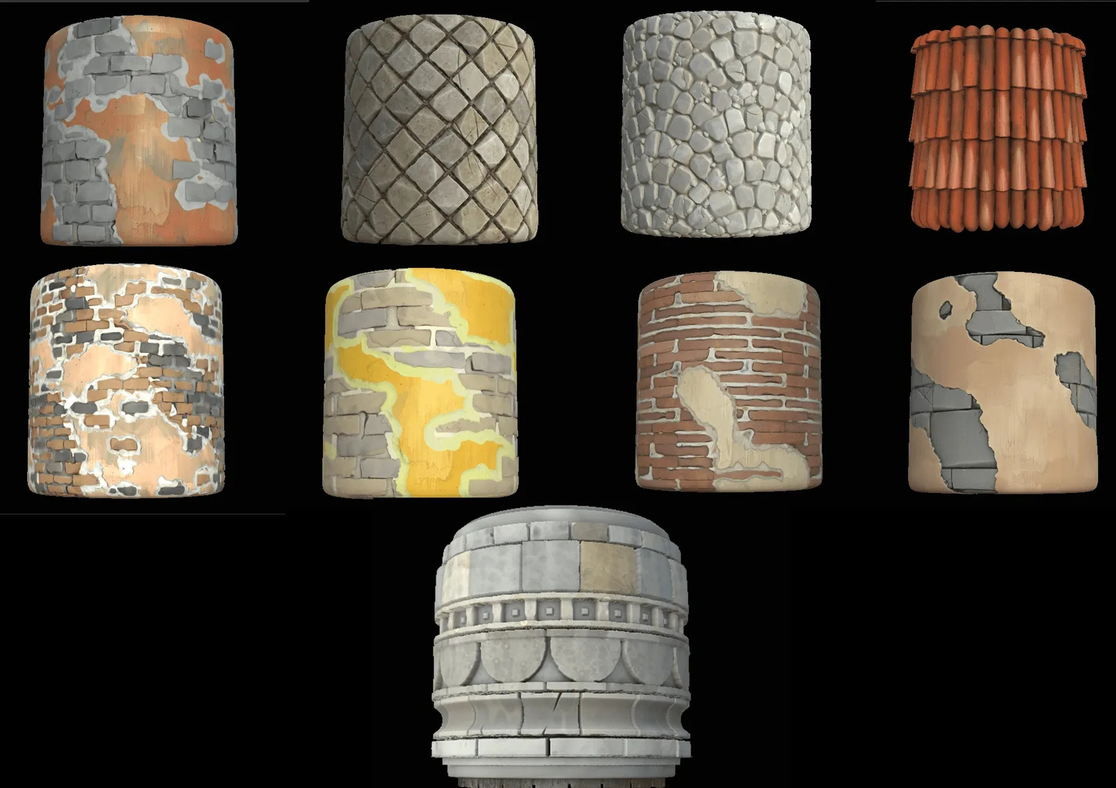 从 Substance 3D Designer 导出的多种风格化建筑材质球