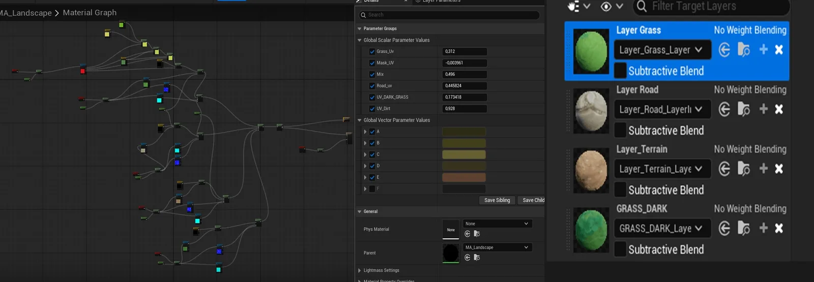 Unreal Engine 中地形主材质的四层可绘纹理与 RGB 遮罩设置