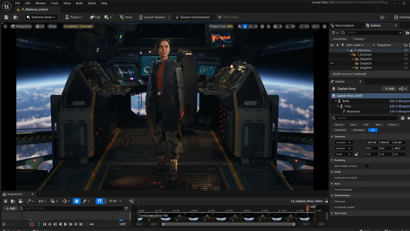 Epic Games 详解 MetaHuman 与 Marvelous Designer 如何集成到 UEFN-次世代模型库 Unreal Editor for Fortnite 视口中 Captain Roux 角色的全身视角,背景为太空舱舷窗外的地球