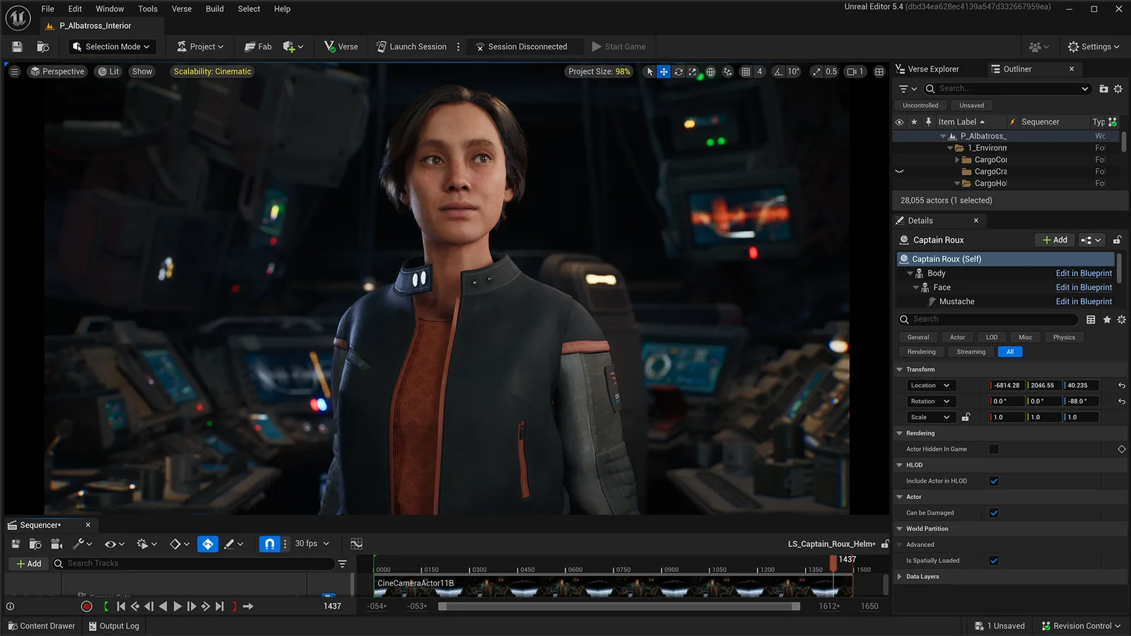 Epic Games 详解 MetaHuman 与 Marvelous Designer 如何集成到 UEFN-次世代模型库 Unreal Editor for Fortnite 视口中的 Captain Roux MetaHuman 角色特写,显示了角色细节与 Sequencer 时间轴