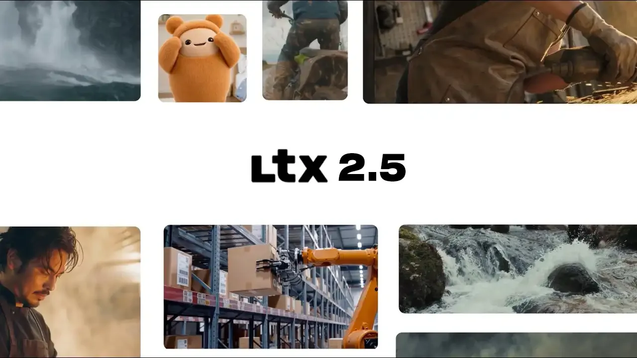 LTX-2.5 官方宣传图，中央显示 Ltx 2.5 字样，周围环绕多段 AI 生成的演示视频画面