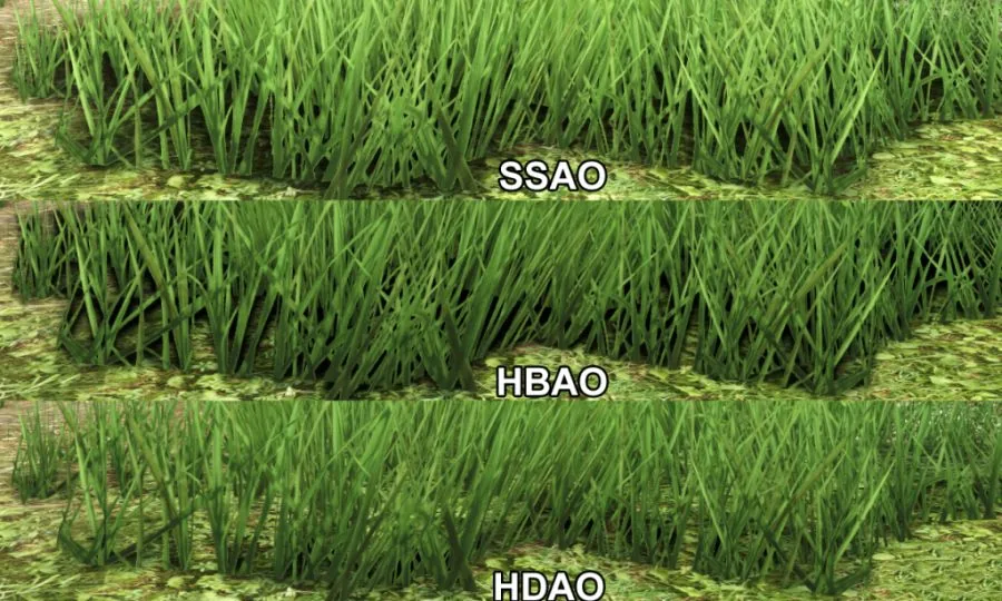 SSAO vs HBAO vs HDAO SSAO、HBAO 与 HDAO(高清环境光遮蔽)三者对比图