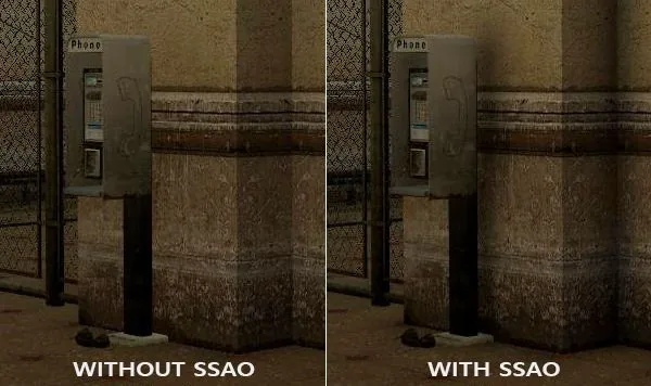 SSAO 效果示例 SSAO(屏幕空间环境光遮蔽)效果示例图
